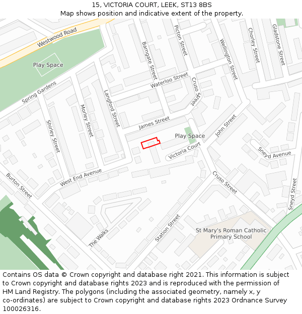 15, VICTORIA COURT, LEEK, ST13 8BS: Location map and indicative extent of plot