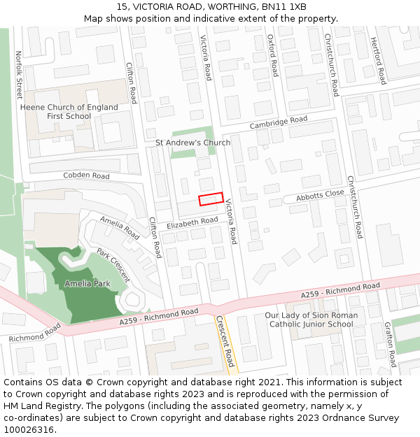15, VICTORIA ROAD, WORTHING, BN11 1XB: Location map and indicative extent of plot