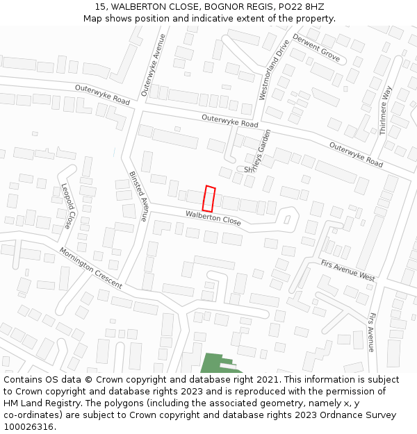 15, WALBERTON CLOSE, BOGNOR REGIS, PO22 8HZ: Location map and indicative extent of plot