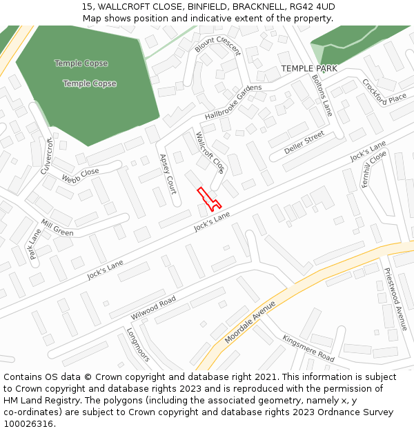 15, WALLCROFT CLOSE, BINFIELD, BRACKNELL, RG42 4UD: Location map and indicative extent of plot