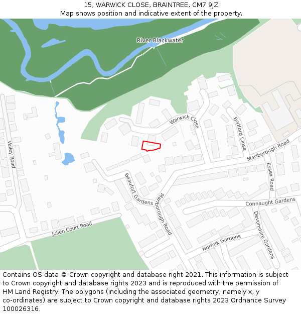 15, WARWICK CLOSE, BRAINTREE, CM7 9JZ: Location map and indicative extent of plot