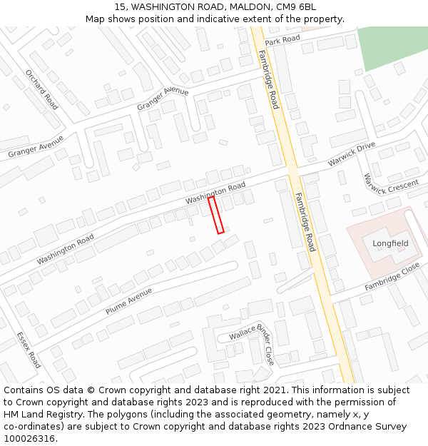 15, WASHINGTON ROAD, MALDON, CM9 6BL: Location map and indicative extent of plot