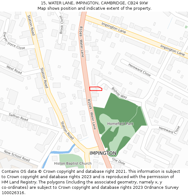 15, WATER LANE, IMPINGTON, CAMBRIDGE, CB24 9XW: Location map and indicative extent of plot