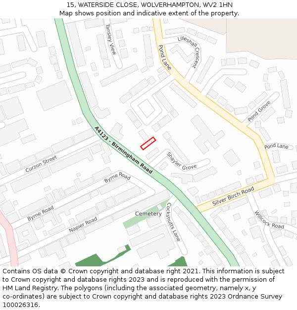 15, WATERSIDE CLOSE, WOLVERHAMPTON, WV2 1HN: Location map and indicative extent of plot