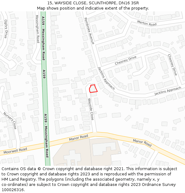 15, WAYSIDE CLOSE, SCUNTHORPE, DN16 3SR: Location map and indicative extent of plot