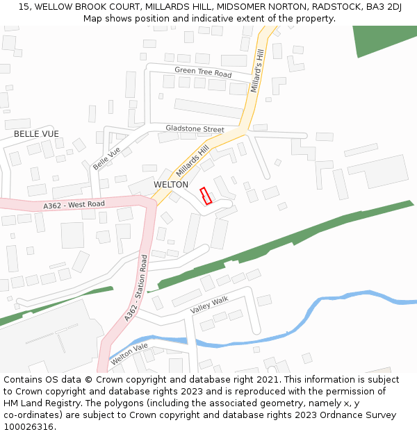 15, WELLOW BROOK COURT, MILLARDS HILL, MIDSOMER NORTON, RADSTOCK, BA3 2DJ: Location map and indicative extent of plot