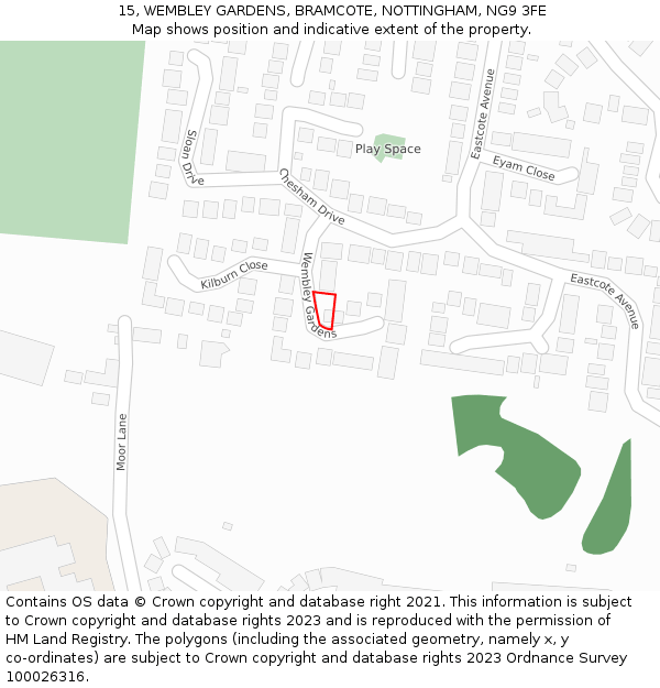 15, WEMBLEY GARDENS, BRAMCOTE, NOTTINGHAM, NG9 3FE: Location map and indicative extent of plot