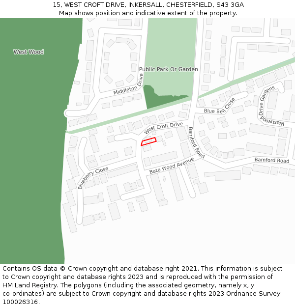 15, WEST CROFT DRIVE, INKERSALL, CHESTERFIELD, S43 3GA: Location map and indicative extent of plot