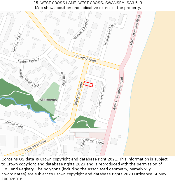 15, WEST CROSS LANE, WEST CROSS, SWANSEA, SA3 5LR: Location map and indicative extent of plot