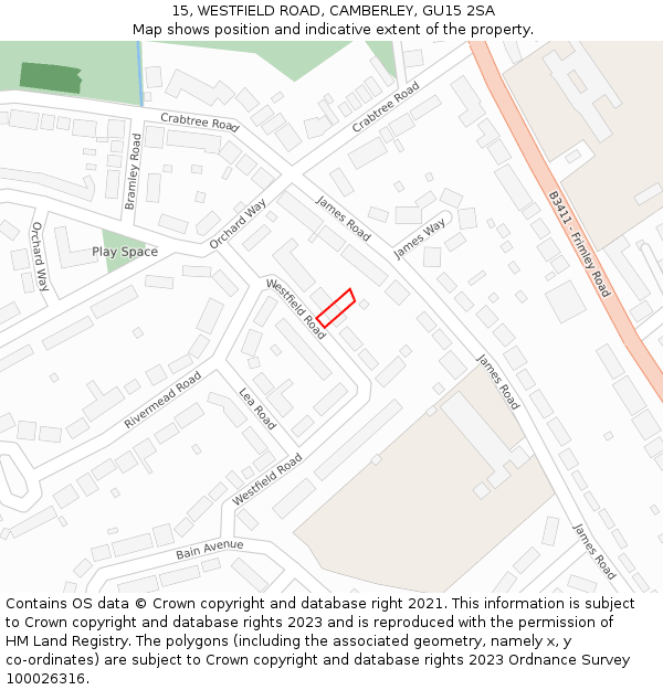 15, WESTFIELD ROAD, CAMBERLEY, GU15 2SA: Location map and indicative extent of plot