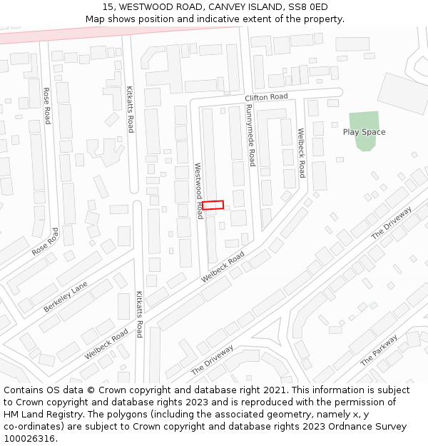 15, WESTWOOD ROAD, CANVEY ISLAND, SS8 0ED: Location map and indicative extent of plot