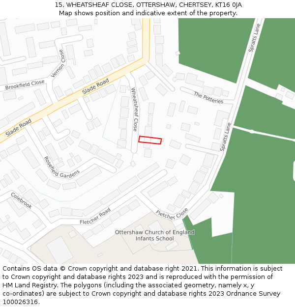 15, WHEATSHEAF CLOSE, OTTERSHAW, CHERTSEY, KT16 0JA: Location map and indicative extent of plot