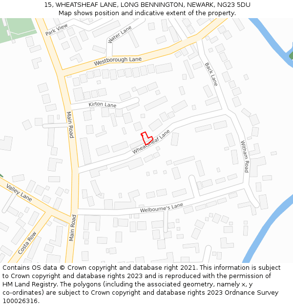 15, WHEATSHEAF LANE, LONG BENNINGTON, NEWARK, NG23 5DU: Location map and indicative extent of plot
