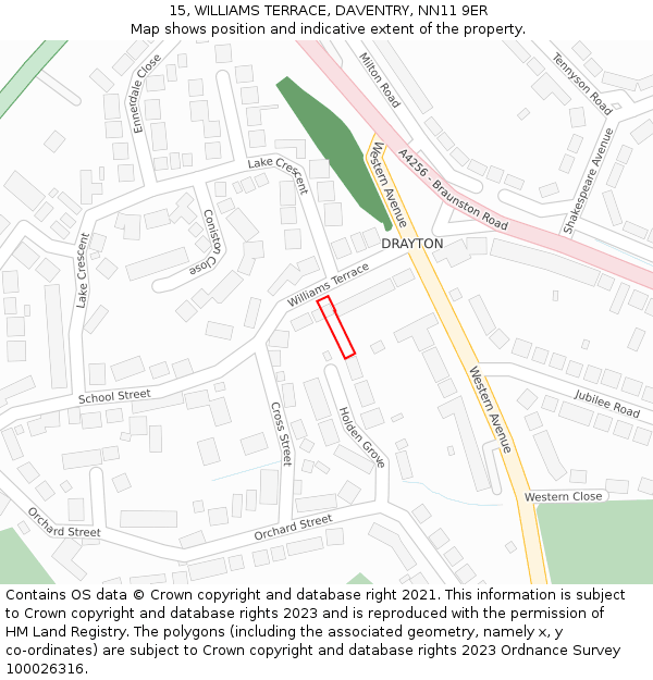 15, WILLIAMS TERRACE, DAVENTRY, NN11 9ER: Location map and indicative extent of plot