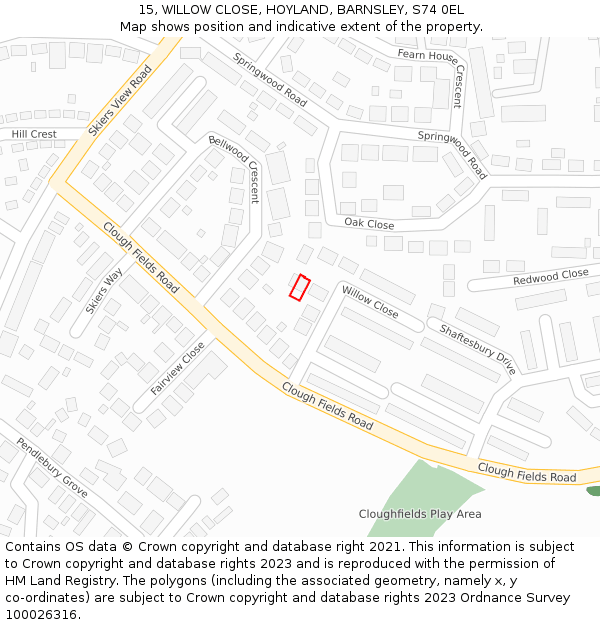 15, WILLOW CLOSE, HOYLAND, BARNSLEY, S74 0EL: Location map and indicative extent of plot