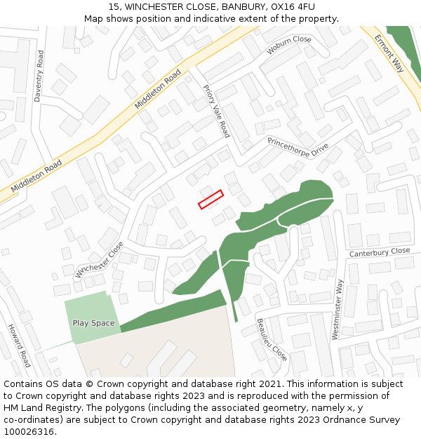 15, WINCHESTER CLOSE, BANBURY, OX16 4FU: Location map and indicative extent of plot