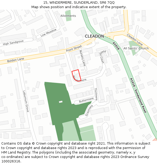 15, WINDERMERE, SUNDERLAND, SR6 7QQ: Location map and indicative extent of plot
