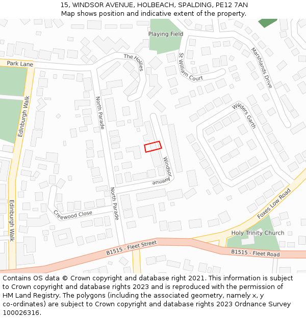 15, WINDSOR AVENUE, HOLBEACH, SPALDING, PE12 7AN: Location map and indicative extent of plot