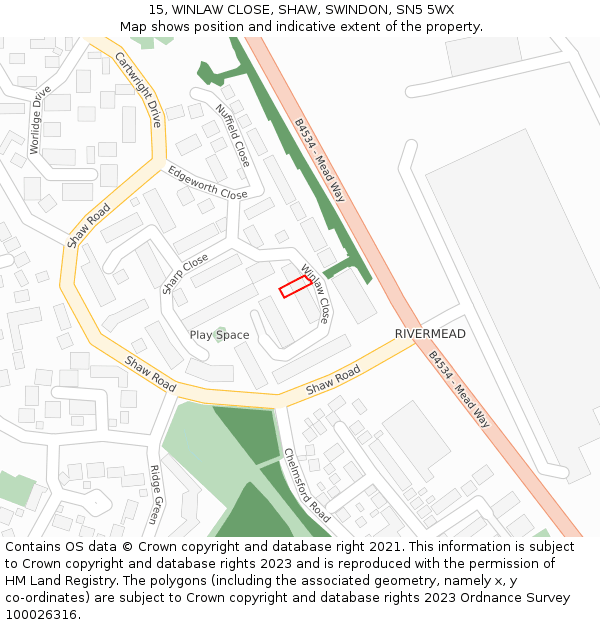 15, WINLAW CLOSE, SHAW, SWINDON, SN5 5WX: Location map and indicative extent of plot