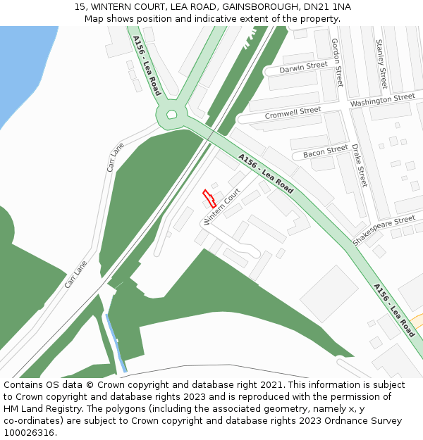 15, WINTERN COURT, LEA ROAD, GAINSBOROUGH, DN21 1NA: Location map and indicative extent of plot