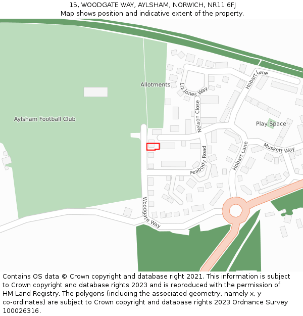15, WOODGATE WAY, AYLSHAM, NORWICH, NR11 6FJ: Location map and indicative extent of plot