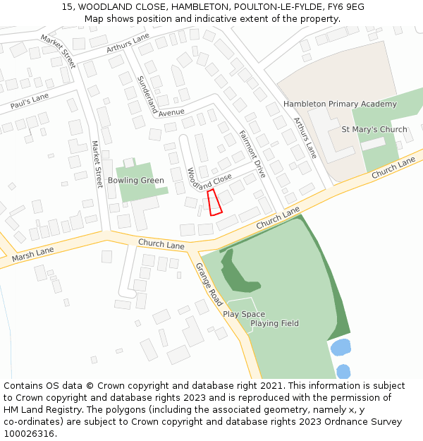 15, WOODLAND CLOSE, HAMBLETON, POULTON-LE-FYLDE, FY6 9EG: Location map and indicative extent of plot