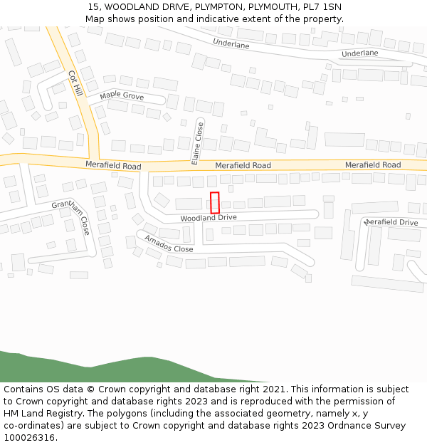 15, WOODLAND DRIVE, PLYMPTON, PLYMOUTH, PL7 1SN: Location map and indicative extent of plot