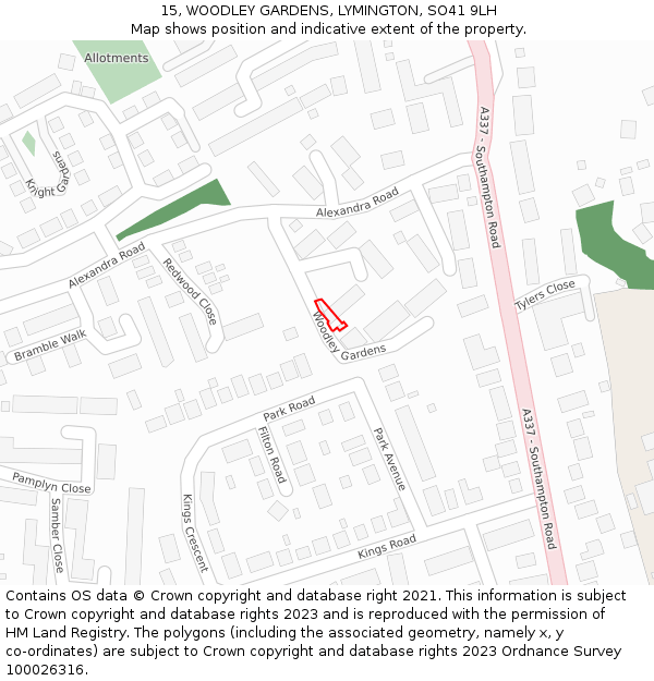 15, WOODLEY GARDENS, LYMINGTON, SO41 9LH: Location map and indicative extent of plot