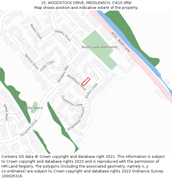 15, WOODSTOCK DRIVE, MIDDLEWICH, CW10 0RW: Location map and indicative extent of plot