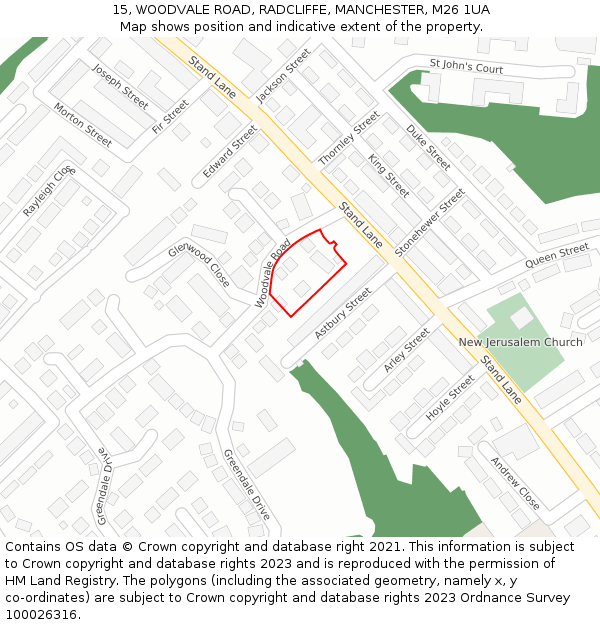 15, WOODVALE ROAD, RADCLIFFE, MANCHESTER, M26 1UA: Location map and indicative extent of plot