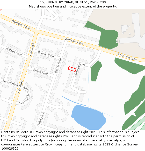15, WRENBURY DRIVE, BILSTON, WV14 7BS: Location map and indicative extent of plot