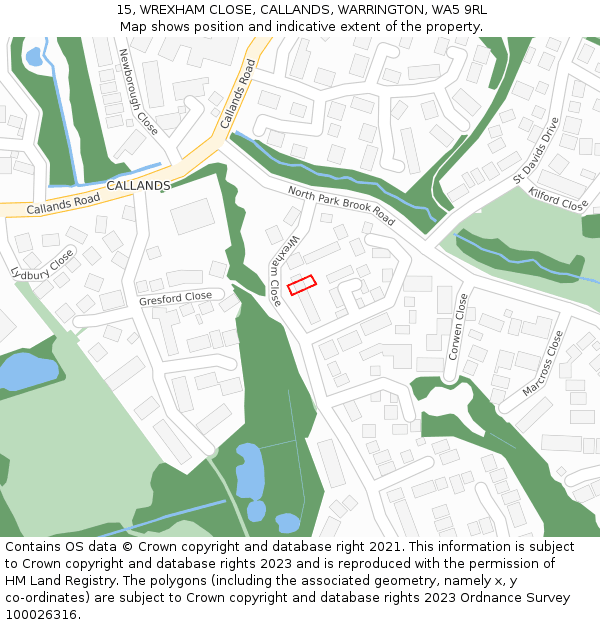 15, WREXHAM CLOSE, CALLANDS, WARRINGTON, WA5 9RL: Location map and indicative extent of plot