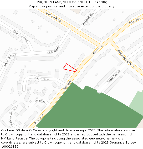 150, BILLS LANE, SHIRLEY, SOLIHULL, B90 2PQ: Location map and indicative extent of plot
