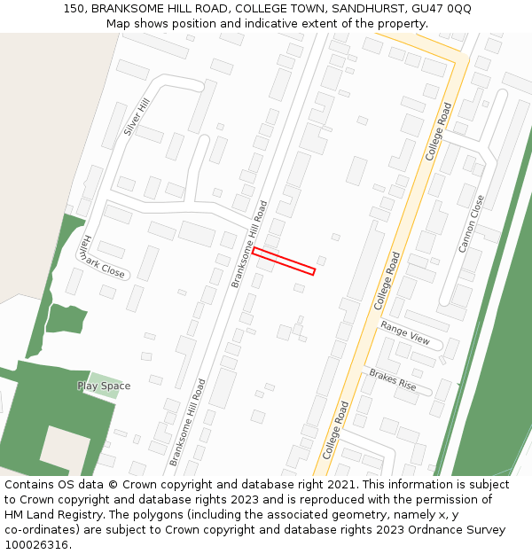 150, BRANKSOME HILL ROAD, COLLEGE TOWN, SANDHURST, GU47 0QQ: Location map and indicative extent of plot