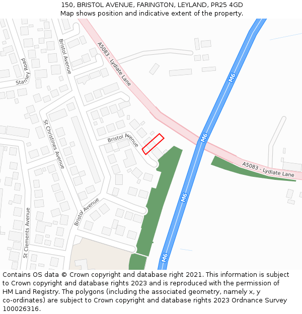 150, BRISTOL AVENUE, FARINGTON, LEYLAND, PR25 4GD: Location map and indicative extent of plot