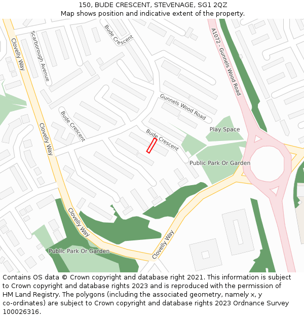 150, BUDE CRESCENT, STEVENAGE, SG1 2QZ: Location map and indicative extent of plot