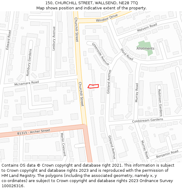 150, CHURCHILL STREET, WALLSEND, NE28 7TQ: Location map and indicative extent of plot