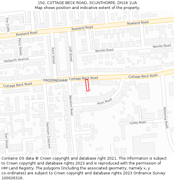 150, COTTAGE BECK ROAD, SCUNTHORPE, DN16 1UA: Location map and indicative extent of plot