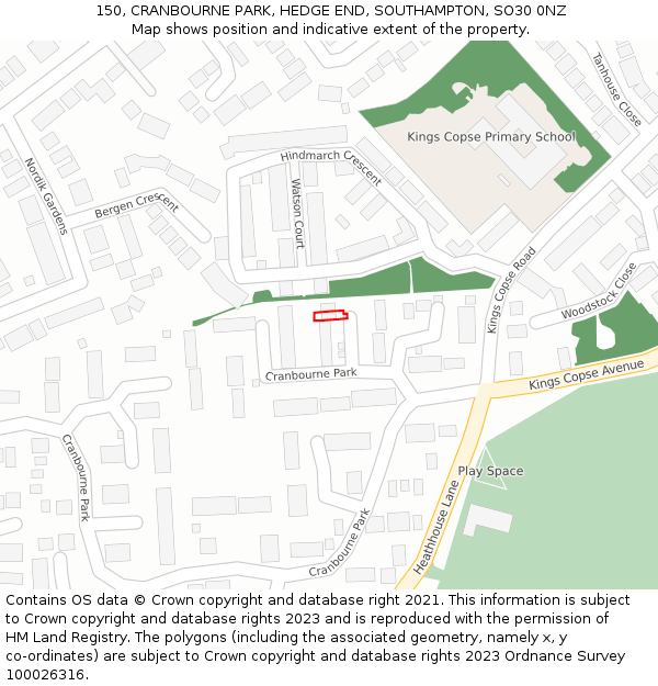 150, CRANBOURNE PARK, HEDGE END, SOUTHAMPTON, SO30 0NZ: Location map and indicative extent of plot