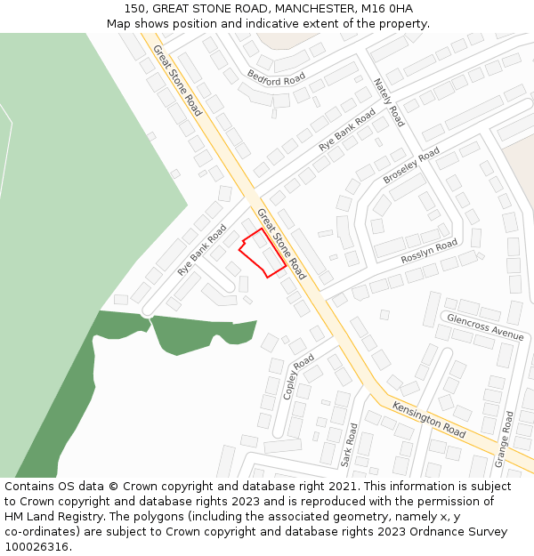 150, GREAT STONE ROAD, MANCHESTER, M16 0HA: Location map and indicative extent of plot