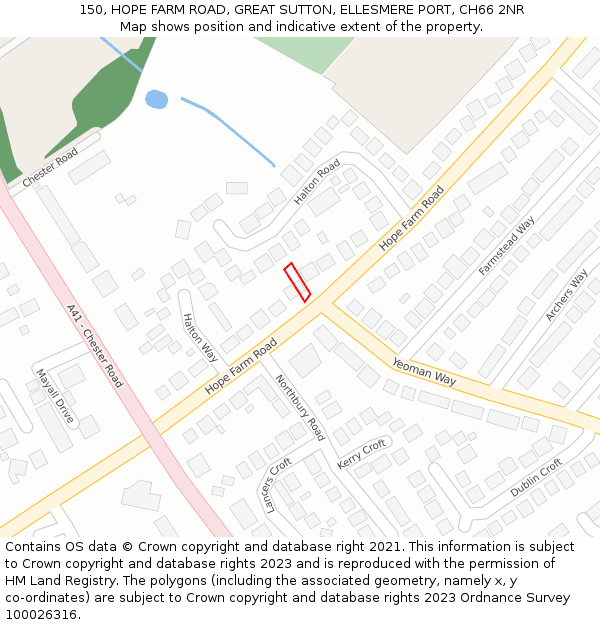 150, HOPE FARM ROAD, GREAT SUTTON, ELLESMERE PORT, CH66 2NR: Location map and indicative extent of plot