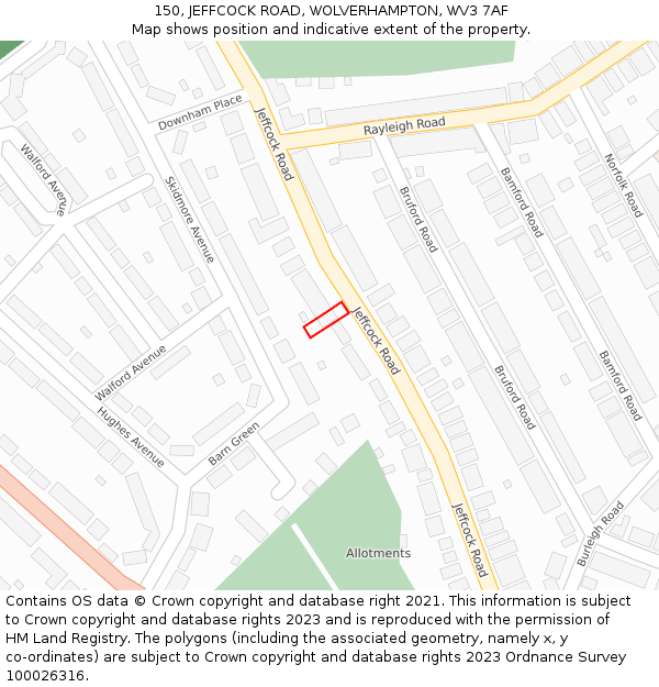 150, JEFFCOCK ROAD, WOLVERHAMPTON, WV3 7AF: Location map and indicative extent of plot