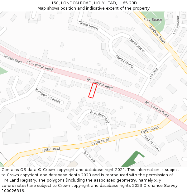 150, LONDON ROAD, HOLYHEAD, LL65 2RB: Location map and indicative extent of plot