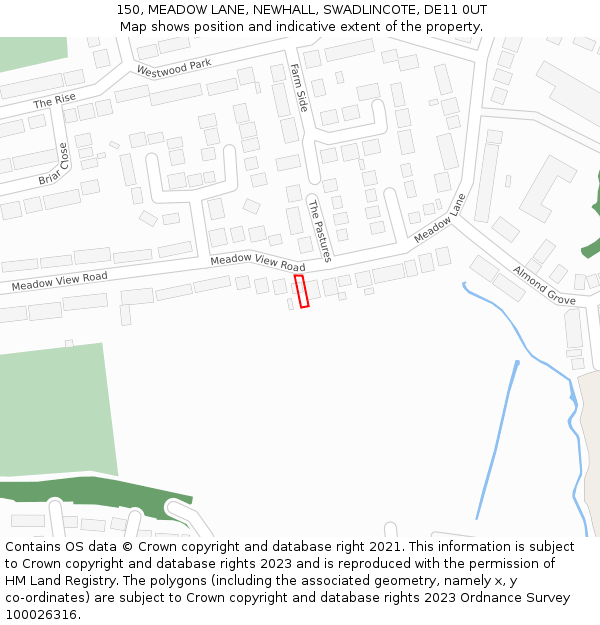 150, MEADOW LANE, NEWHALL, SWADLINCOTE, DE11 0UT: Location map and indicative extent of plot