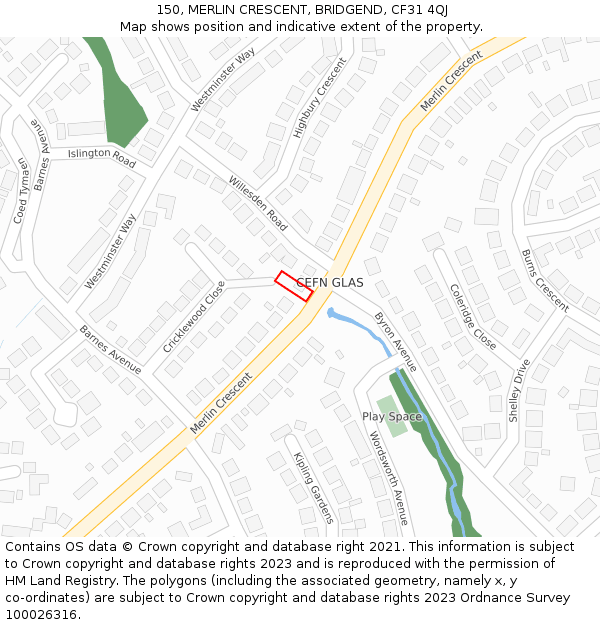 150, MERLIN CRESCENT, BRIDGEND, CF31 4QJ: Location map and indicative extent of plot