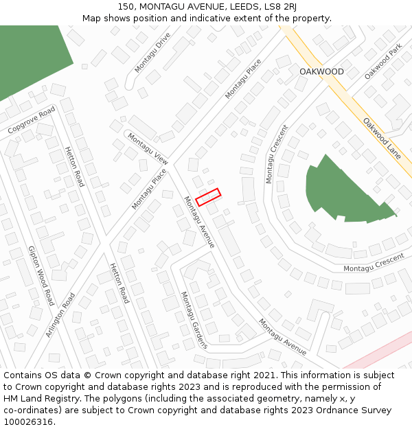 150, MONTAGU AVENUE, LEEDS, LS8 2RJ: Location map and indicative extent of plot