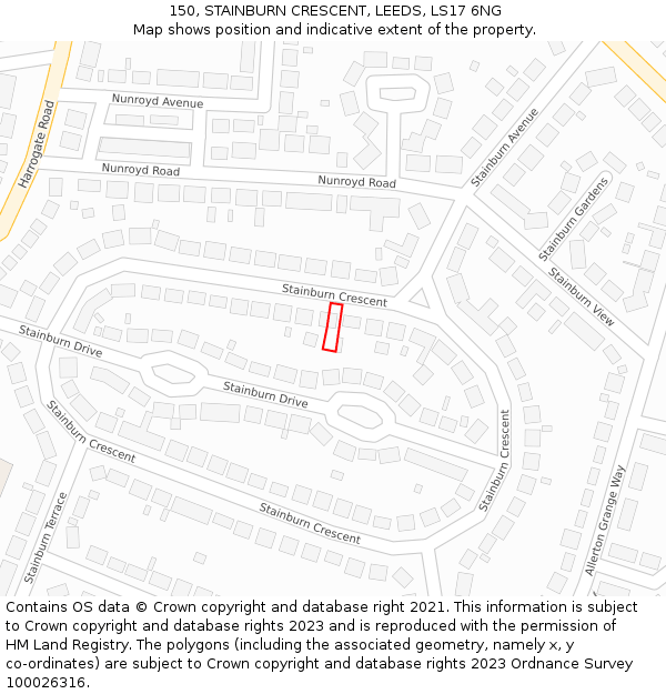 150, STAINBURN CRESCENT, LEEDS, LS17 6NG: Location map and indicative extent of plot