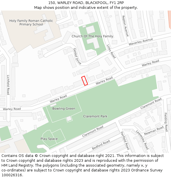 150, WARLEY ROAD, BLACKPOOL, FY1 2RP: Location map and indicative extent of plot