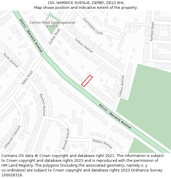 150, WARWICK AVENUE, DERBY, DE23 6HL: Location map and indicative extent of plot