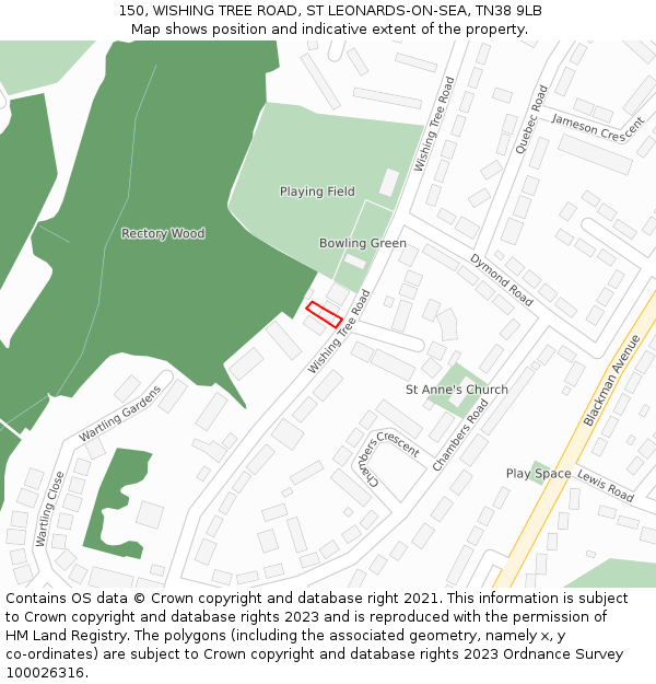 150, WISHING TREE ROAD, ST LEONARDS-ON-SEA, TN38 9LB: Location map and indicative extent of plot